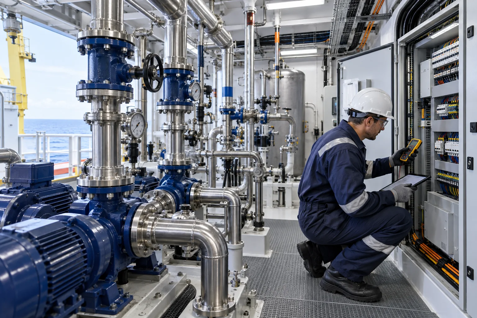 Marine engineer reviewing an onboard control system